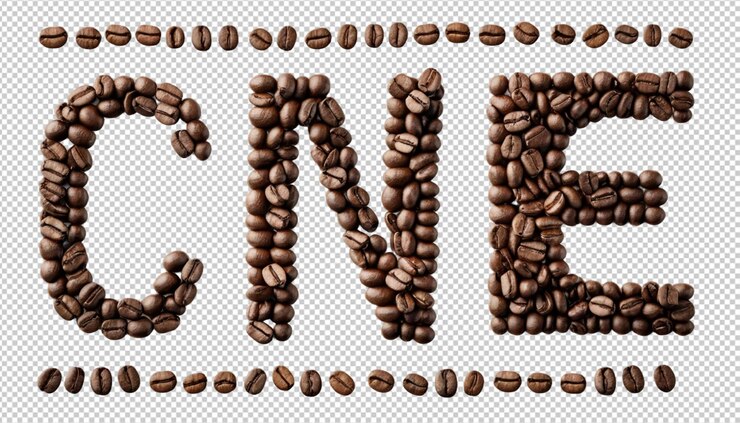 PSD palabra de café escrita con granos de café en png