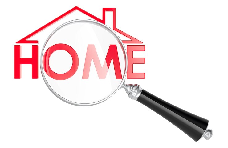 PSD palabra de casa con lupa encontrar una casa para alquilar o comprar concepto renderización 3d aislado en fondo transparente