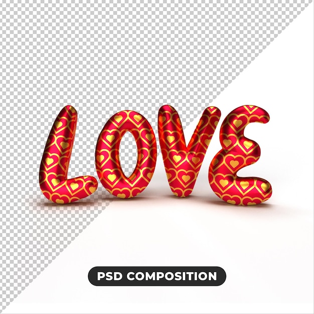 PSD palabra dorada amor con corazón aislado en blanco. representación 3d