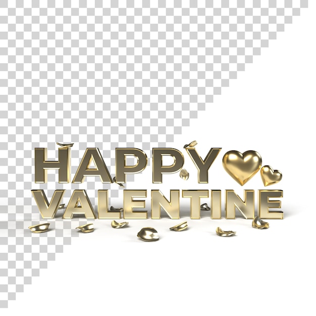 Palabras 3d de oro feliz San Valentín con corazón de oro y pétalo aislado