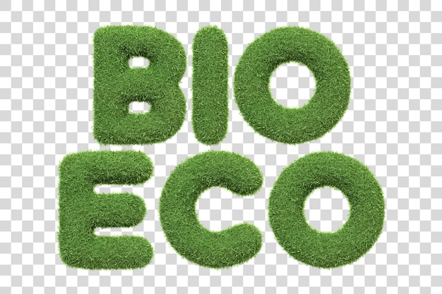 PSD las palabras bio y eco diseñadas en una textura de hierba verde que simboliza lo orgánico y la ecología