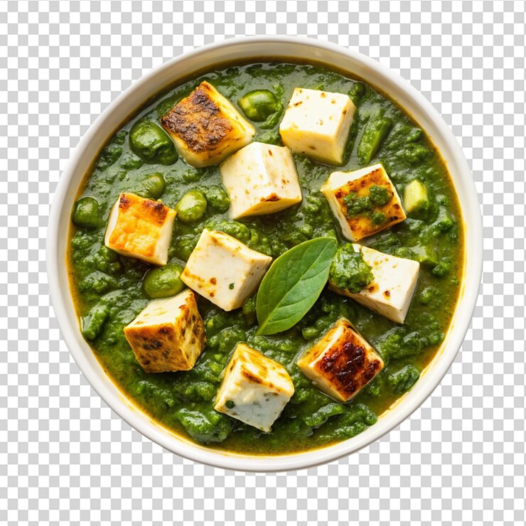 PSD palak con cubo de paneer en un cuenco blanco aislado en un fondo transparente