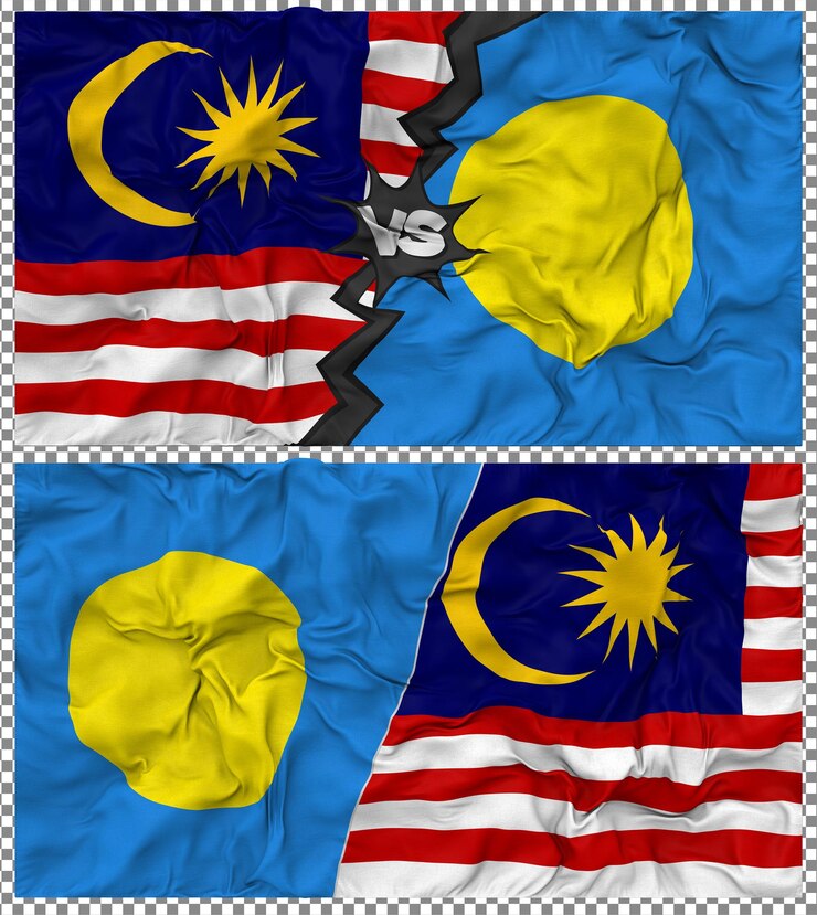 PSD palau vs malaysia half combined flag cloth bump texture 3d rendering