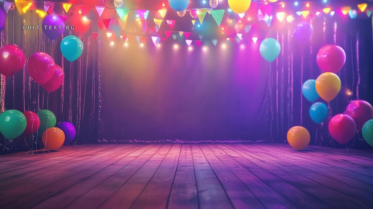 PSD palco festivo con luci di palloncini e bandiere