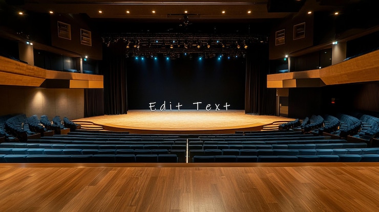PSD palco teatrale vuoto con posti a sedere e illuminazione