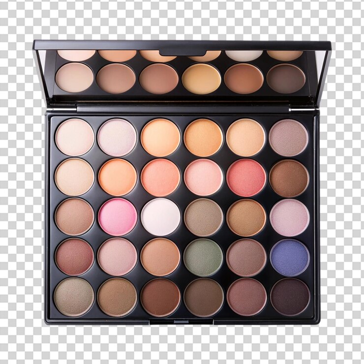 PSD paleta de maquillaje con una variedad de colores sobre un fondo transparente
