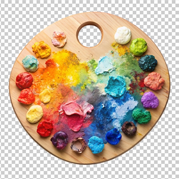 PSD une palette en bois d'artiste avec de la peinture rouge, bleue, jaune, verte et pourpre