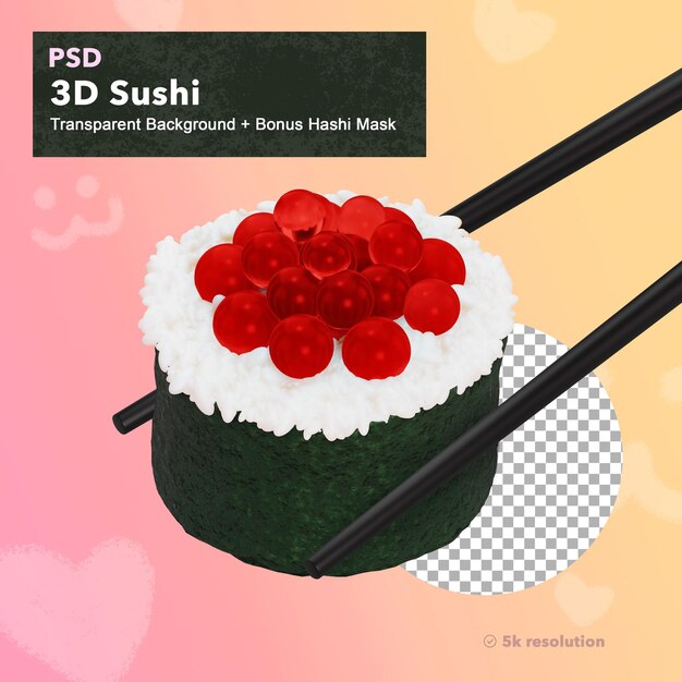 Palillos 3D aislados que sostienen el rollo de sushi Gunkan en un fondo transparente