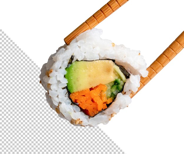 Palillos que sostienen un trozo de sushi de California