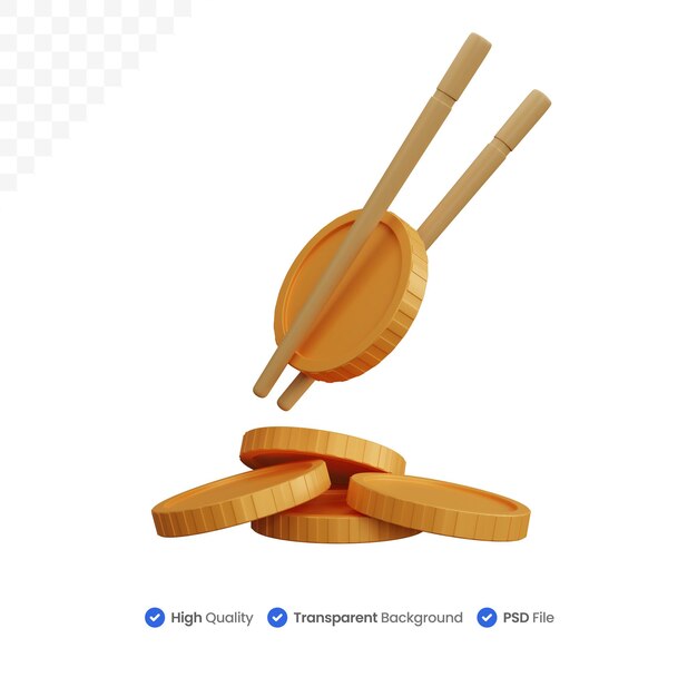 Palillos de representación 3d y algunas monedas aisladas
