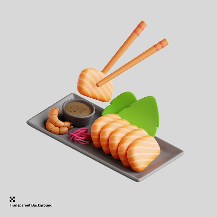 PSD los palillos para sostener el sashimi de salmón 3d render ilustración