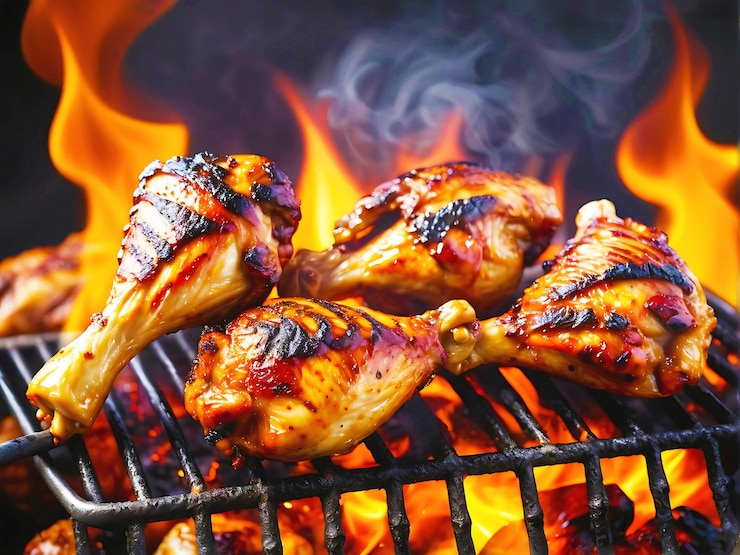 PSD palitos de frango suculentos temperados grelhados no churrasco com fundo de fogo e fumaça