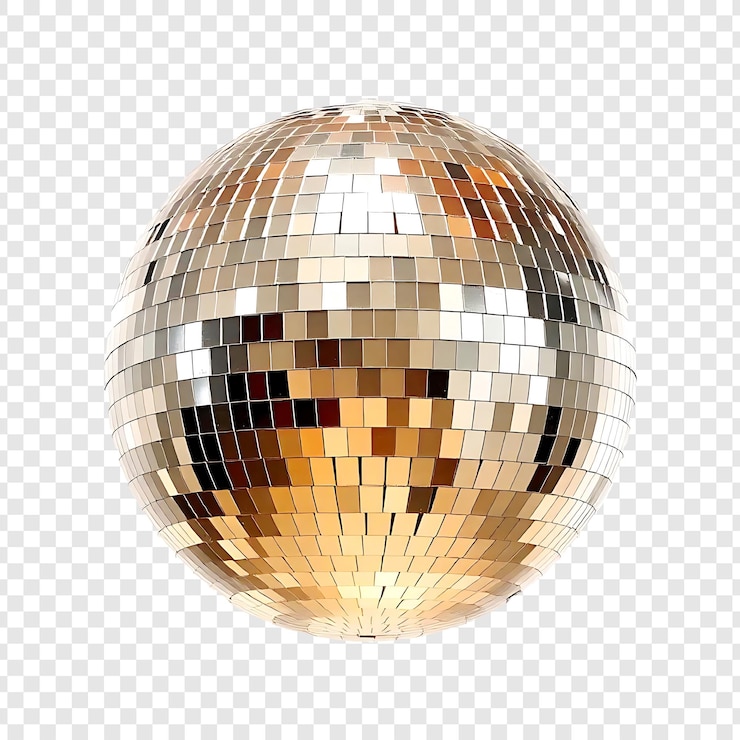 PSD palla discoteca sfera riflettente specchio mosaico luccicante glamour festa da ballo retro club notturno degli anni '70 argento luccicante illuminazione studio ad alto dettaglio