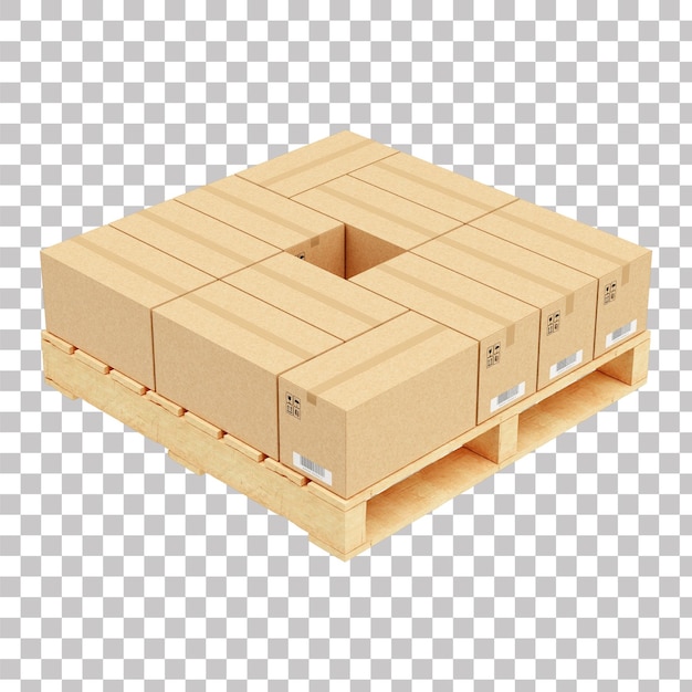 Pallet in legno con scatole Kraft Mockup Render 3D su sfondo trasparente