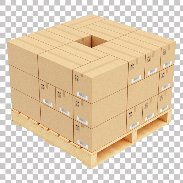 Pallet in legno con scatole Kraft Mockup Render 3D su sfondo trasparente