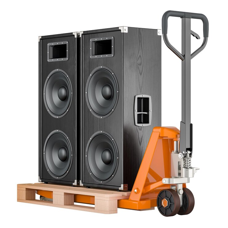 PSD pallet jack com alto-falantes de concerto renderização 3d isolado em fundo transparente