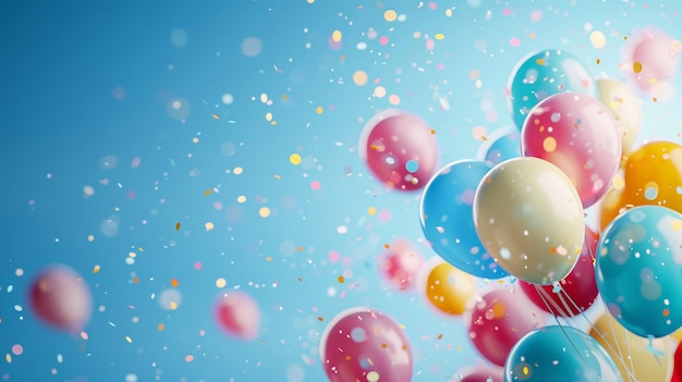 Palloncini colorati che volano in aria su sfondo blu con bokeh e spazio di copia per la festa di compleanno