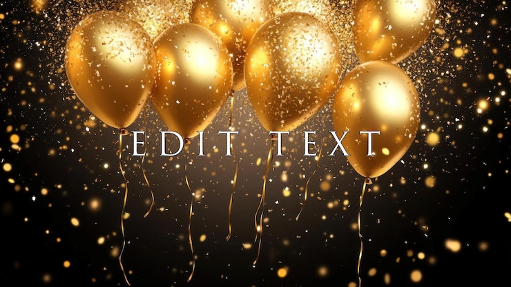 PSD palloncini d'oro con confetti su sfondo scuro