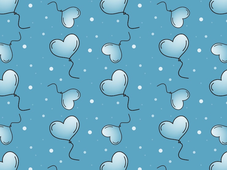 PSD palloncini e punti a forma di cuore blu su sfondo blu che ripetono un disegno a raster