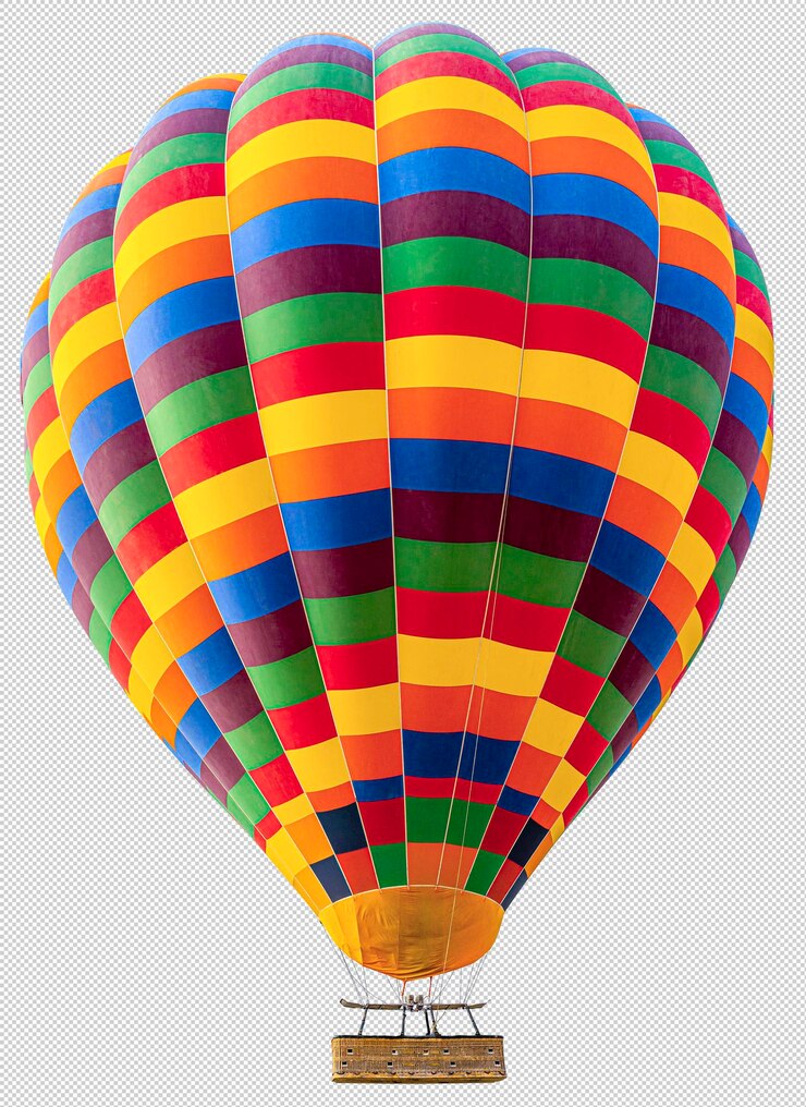 PSD palloncino ad aria calda a scacchi di colore con un grande cesto isolato su sfondo bianco