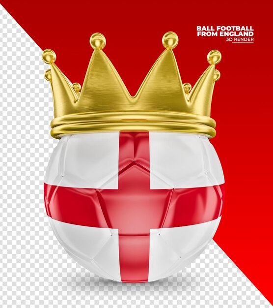 Pallone da calcio con corona e bandiera dell'Inghilterra nel rendering 3d realistico