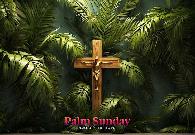 Palm-Sonntag-Konzept Palmenzweige bedecken die gesamte Leinwand mit einem christlichen Holzkreuz