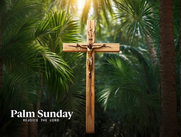 PSD palm sunday conceito floresta de palmeiras com fundo de cruz cristã de madeira decorada