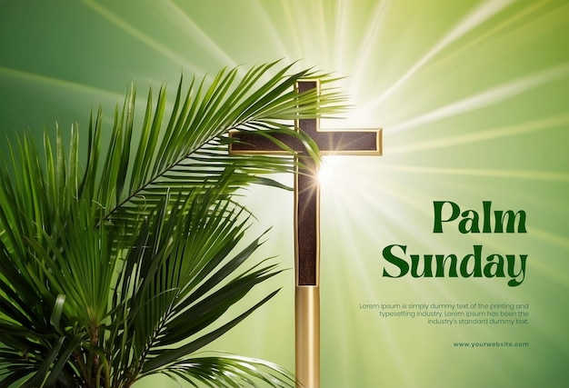 Palm sunday concepto ramas de palmeras con cruz cristiana decorada