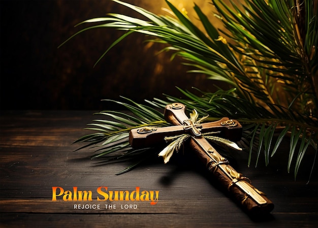 Palm Sunday concetto rami di palme con croce cristiana in legno decorata su sfondo in legno