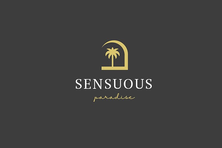 PSD palm tree beach paradise resort silueta amarilla caligrafía plantilla de diseño del logotipo