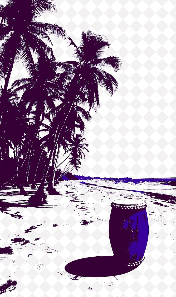 PSD palme di carnaba che fiancheggiano una spiaggia un tamburo di atabaque rosso posizionato brasile scena e cultura illustrazioni