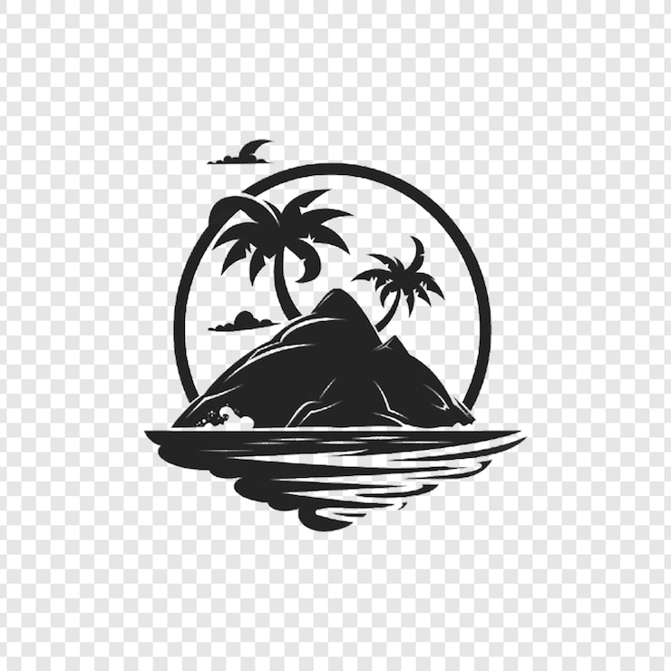 PSD palme su una spiaggia con una silhouette di un uomo e una barca