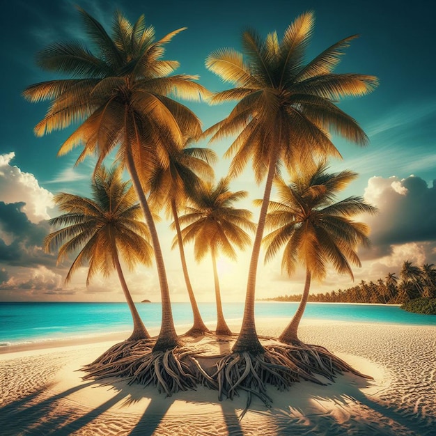 PSD palmera de coco en la playa de arena blanca tropical del caribe en la puesta de sol