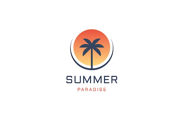 Palmera paradisiaca estiva al tramonto, all'alba, all'isola, al viaggio, alle vacanze, modello di design del logo, piatto