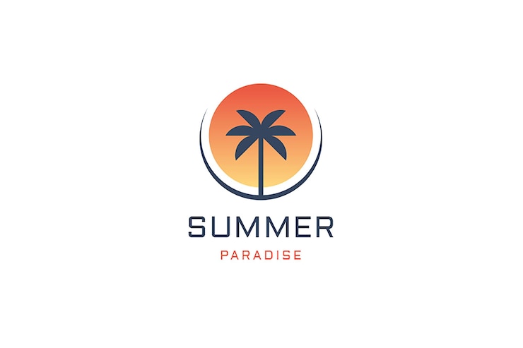 PSD palmera del paraíso de verano al atardecer amanecer viaje a la isla vacaciones plantilla de diseño de logotipo plano