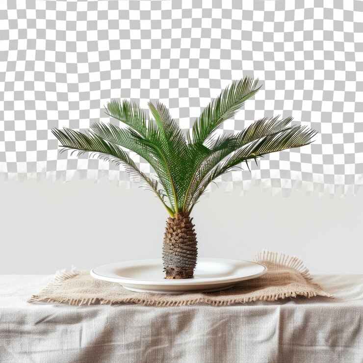 PSD una palmera se sienta en una mesa con un plato de comida