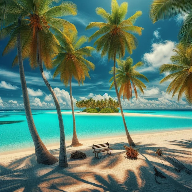 PSD palmeraie de coco sur la plage de sable blanc des caraïbes tropicales au coucher du soleil