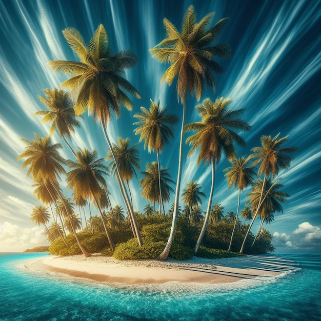 PSD palmeraie de coco sur la plage de sable blanc des caraïbes tropicales au coucher du soleil