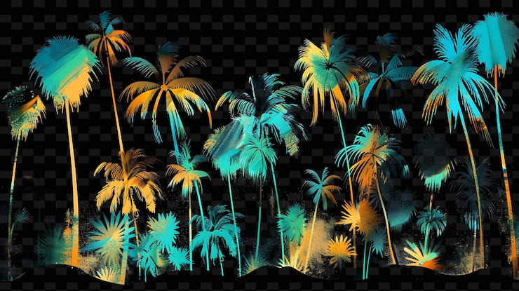 PSD palmeras relucientes balanceándose en una brisa tropical palmeras y2k textura forma arte de decoración de fondo