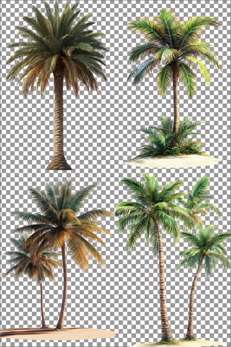 Palmeras tropicales y altas hiperrealistas aisladas PNG con fondo transparente claro altamente De