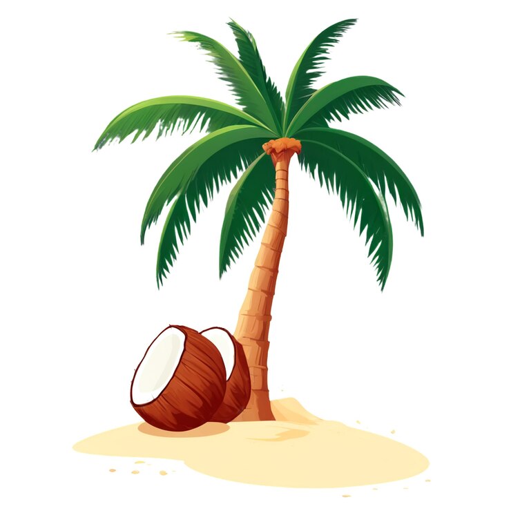 PSD un palmier avec un baril et un baril qui dit noix de coco