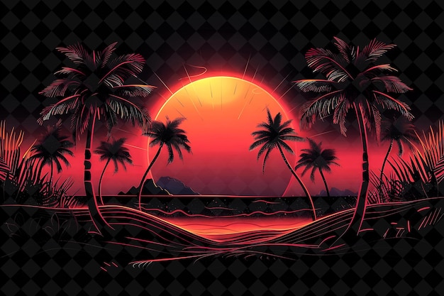 des palmiers sur la plage avec un coucher de soleil en arrière-plan