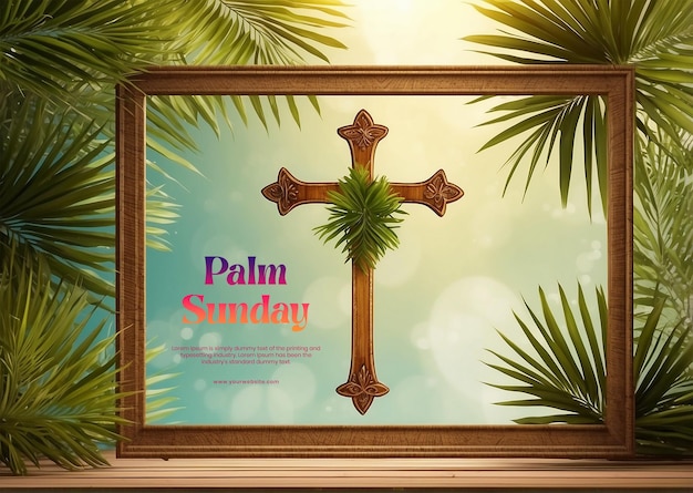 Palmzweige mit geschmücktem hölzernem christlichem Kreuz außerhalb eines grün geschmückten großen Rahmens