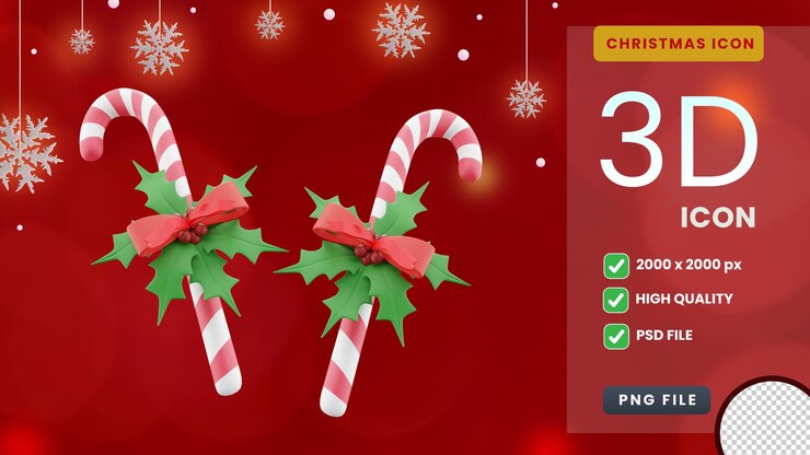 PSD palo de caramelo 3d de navidad con ilustración de muérdago