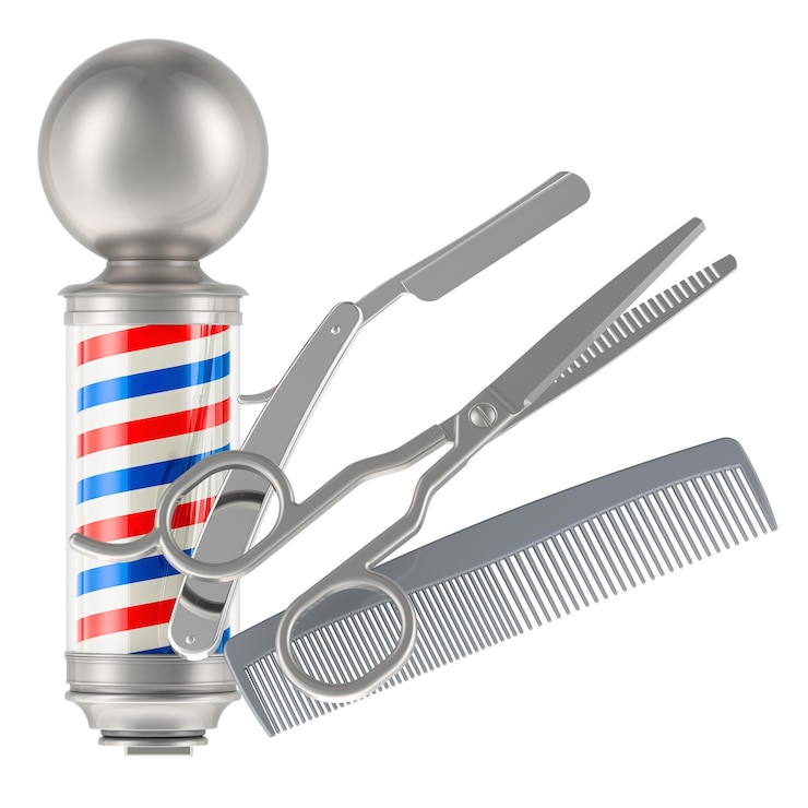 PSD palo de barbeiro, pente de cabelo reto, navalha e tesoura, conceito de salão de cabeleireiro, renderização 3d isolada em fundo transparente
