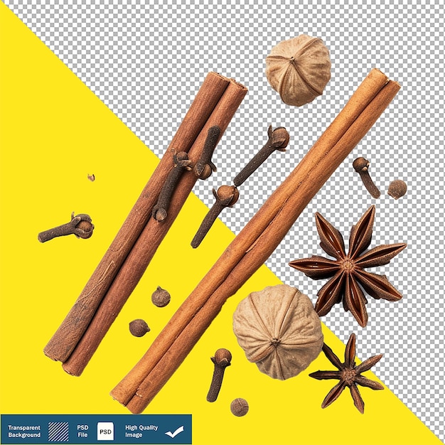 PSD palos de canela con anís estrellado y nuez moscada especias aromáticas composición fondo transparente png