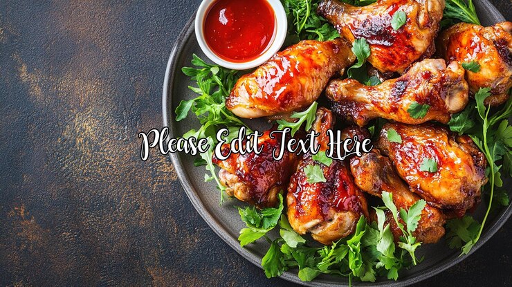 PSD palos de pollo esmaltados servidos con una salsa picante y hierbas frescas en un plato rústico
