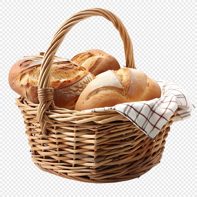 Pan en una canasta de picnic en un fondo transparente aislado