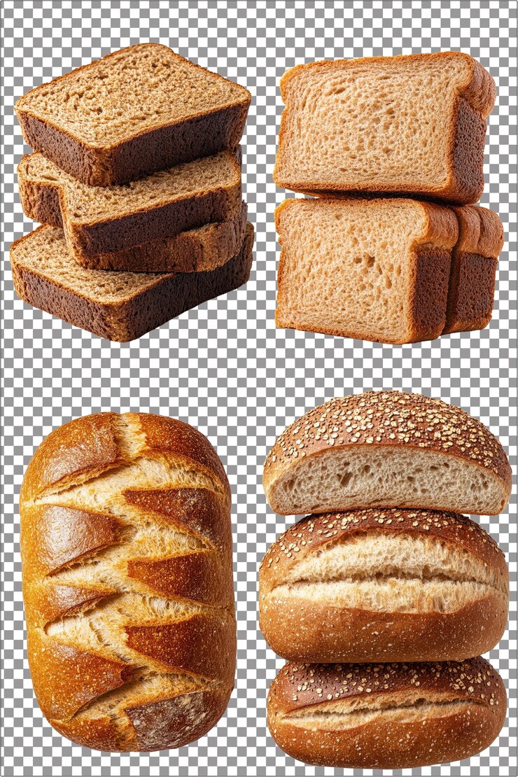 Pan de grano entero PNG aislado hiperrealista con fondo transparente claro muy detallado