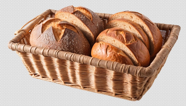 PSD pan de grano horneado en una canasta de mimbre